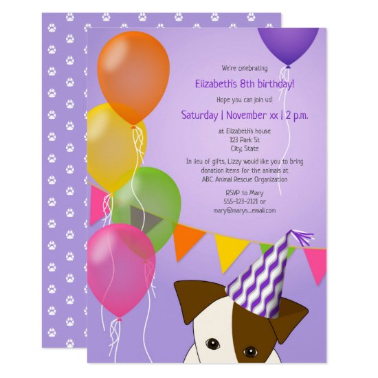 girls puppy birthday purple multicolor balloons invitation