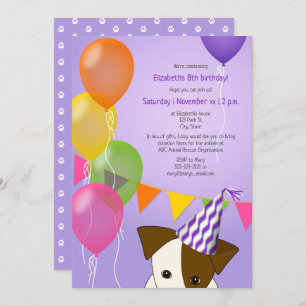 girls puppy birthday purple multicolor balloons invitation
