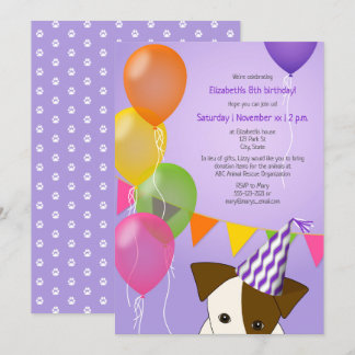 girls puppy birthday purple multicolor balloons invitation