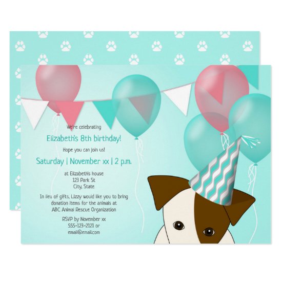 girls puppy dog birthday party teal pink balloons invitation