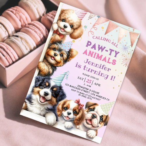 Girls Puppy Dog Pawty 1st Birthday Invitation