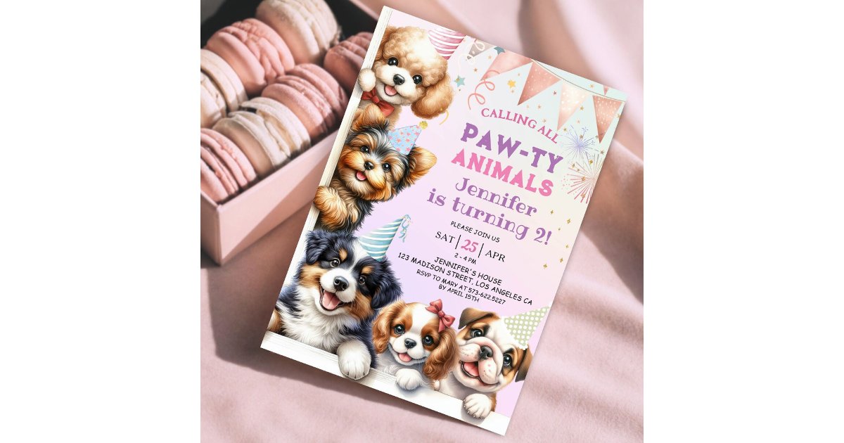 Girls Puppy Dog Pawty 2nd Birthday Invitation | Zazzle