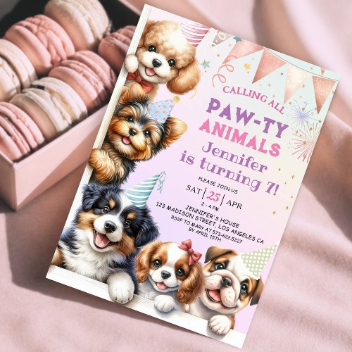 Girls Puppy Dog Pawty 7th Birthday Invitation