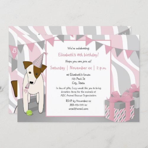 girls puppy dog themed pink gray birthday party invitation