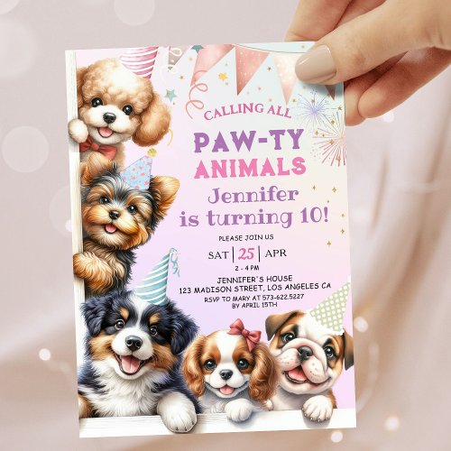 Girls Puppy Lets Pawty 10th Birthday Invitation 