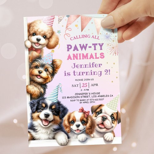 Girls Puppy Lets Pawty 2nd Birthday Invitation