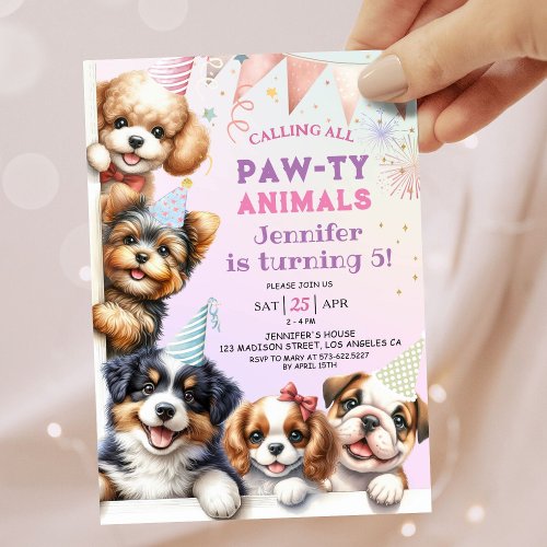 Girls Puppy Lets Pawty 5th Birthday Invitation