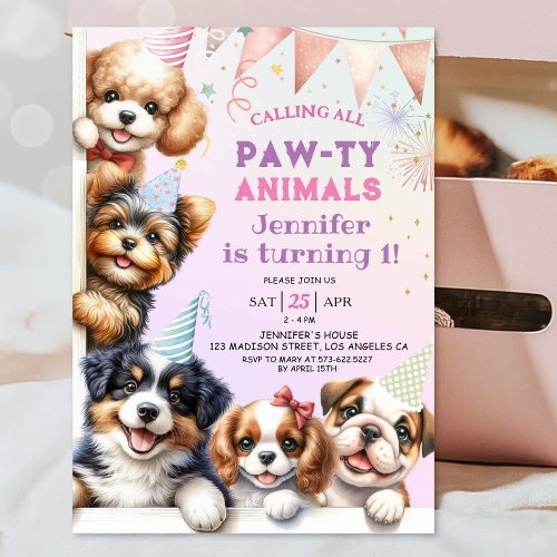 Girls Puppy Pawty 1st Birthday Party Invitation