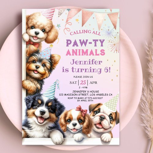 Girls Puppy Pawty Party 6th Birthday Invitation