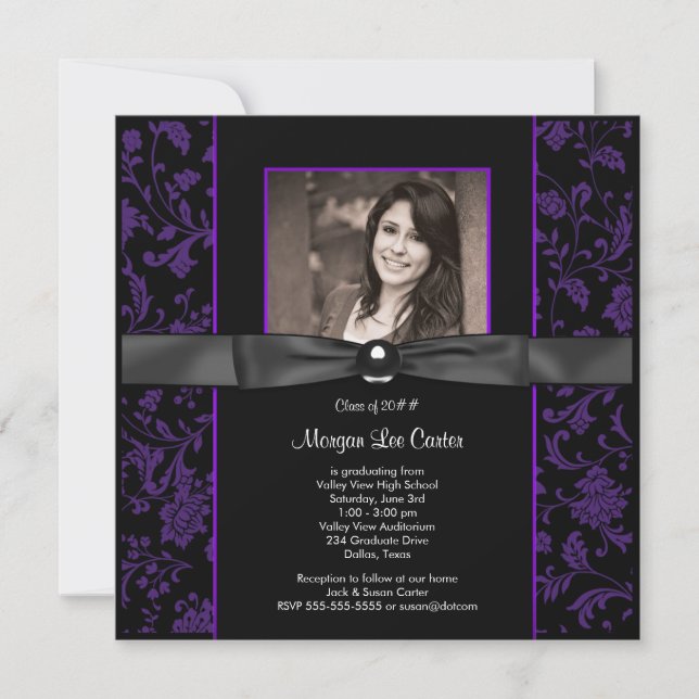 Girls Purple and Black Graduation Invitation (Front)