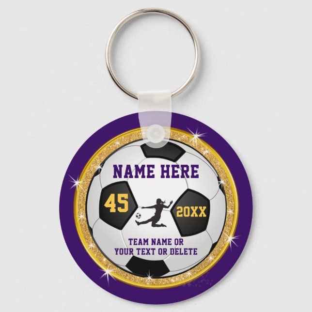 Girls Purple and Gold, Soccer Themed Party Favors, Keychain (Front)