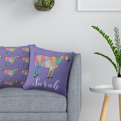 Girls Purple Artsy Goat Colorful Animal Art Name Throw Pillow