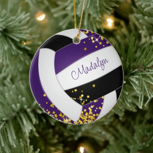 girls purple black volleyball with tiny gold stars ceramic ornament