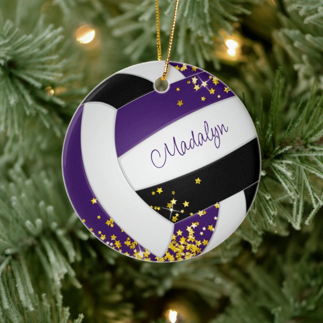 girls purple black volleyball with tiny gold stars ceramic ornament (Tree)