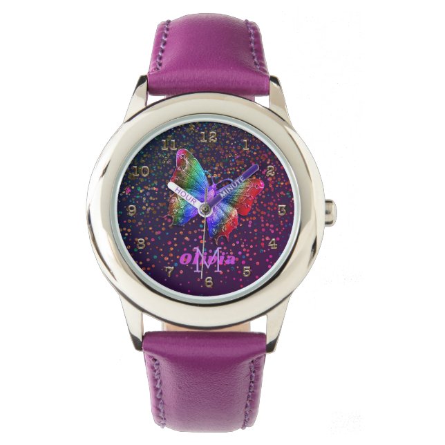 Girls Purple Butterfly Glitter Personalized Name Watch (Front)