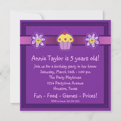 Girls Purple Cupcake Birthday Party Personalized Invitations