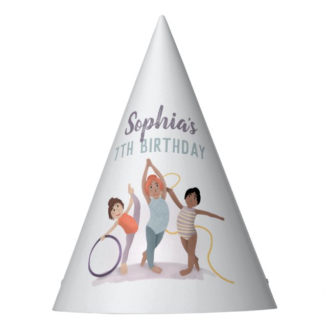 Girls Purple Cute Gymnastics Kids Birthday Party Hat (Front)