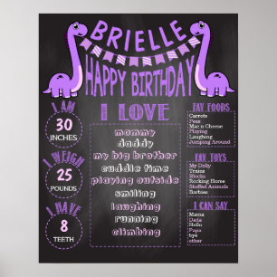 Girls Purple Dinosaur 16x20 Template 1st Birthday Poster