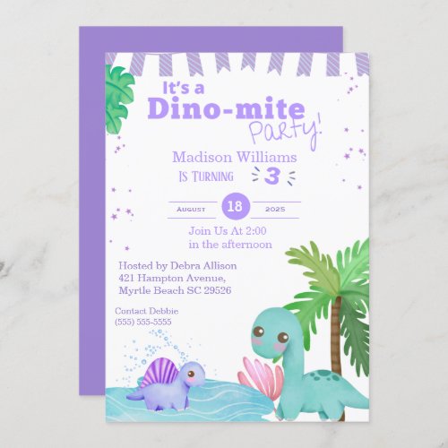 Girls Purple Dinosaur 3rd Birthday Party   Invitation