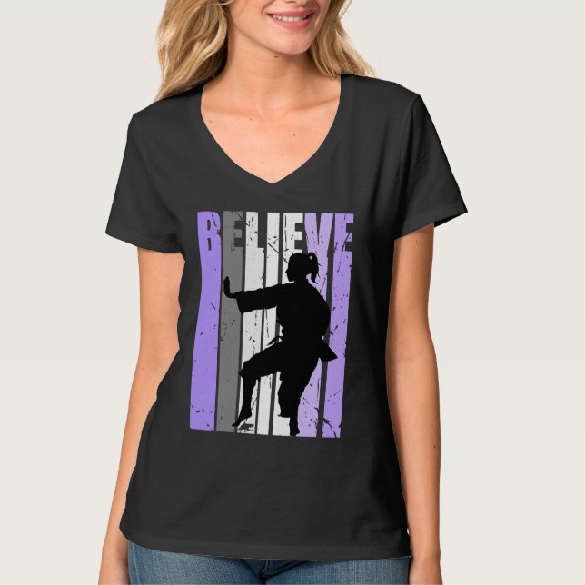 Girls Purple Distressed Believe Karate Girl White  T-Shirt (Front)