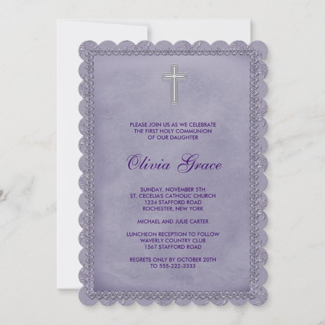 Girls Purple First Communion Invitation (Front)