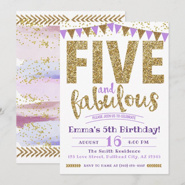Girl's Purple Five & Fabulous 5th Birthday Invitation (Front/Back)