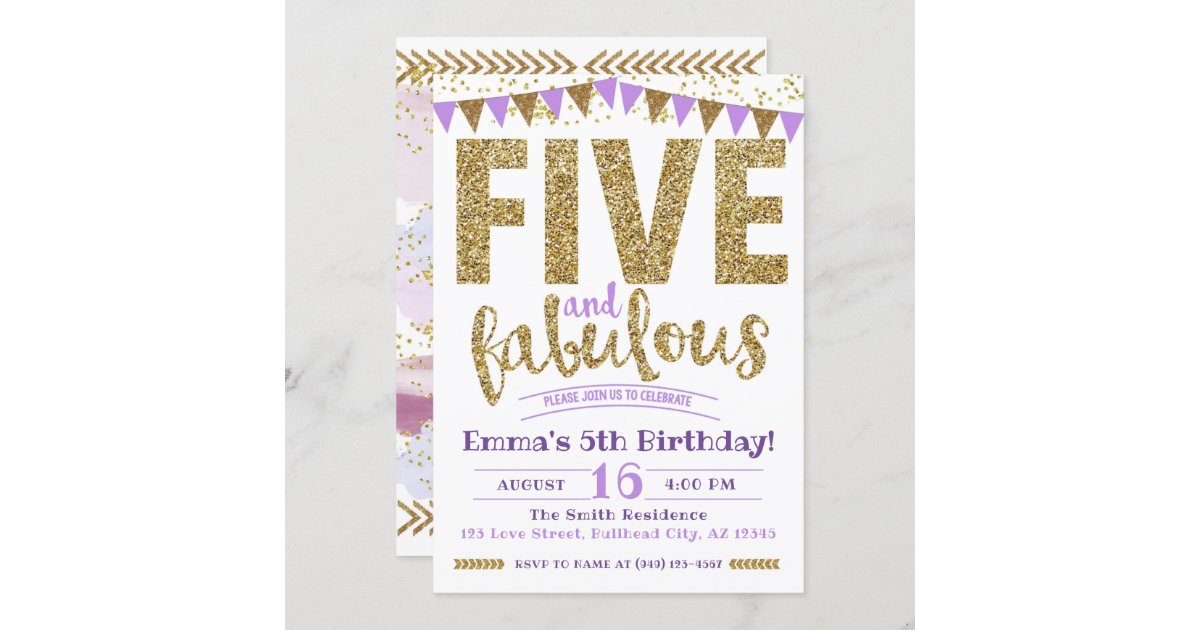 Girl's Purple Five & Fabulous 5th Birthday Invitation | Zazzle