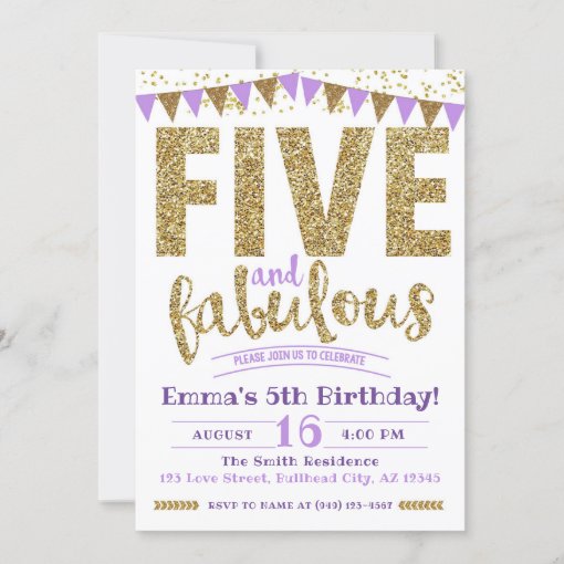 Girl's Purple Five & Fabulous 5th Birthday Invitation | Zazzle