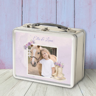 Girls Purple Floral Horse Metal Lunch Box