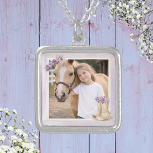 Girls Purple Floral Horse Silver Plated Necklace