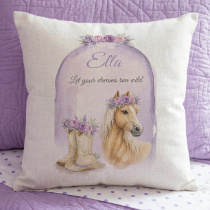 Girls Purple Floral Horse Throw Pillow