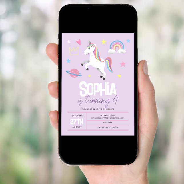 Girls Purple Girly Unicorn Kids 4th Birthday Invitation (Front Digital)