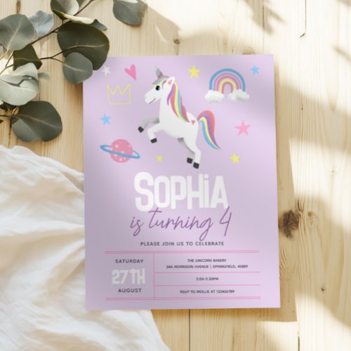 Girls Purple Girly Unicorn Kids 4th Birthday