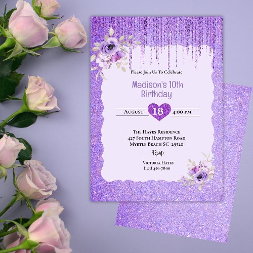 Girls Purple Glitter Floral 10th Birthday Party   Invitation