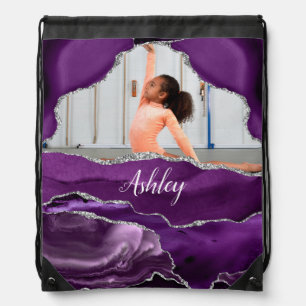 Girls Purple Glitter Personalized Photo and Name   Drawstring Bag