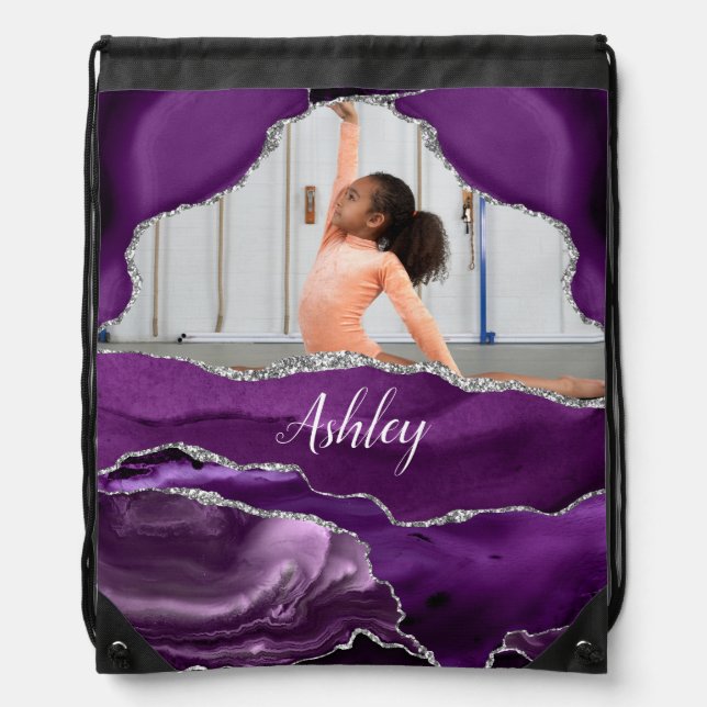 Girls Purple Glitter Personalized Photo and Name   Drawstring Bag (Front)