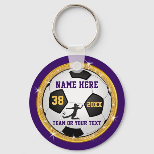 Girls Purple Gold Cheap Personalized Soccer Gifts Keychain