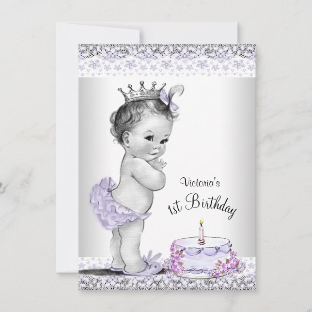 Girls Purple Gray 1st Birthday Party Invitation (Front)