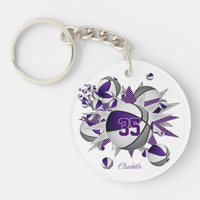 girls purple gray basketballs stars  keychain (Front)