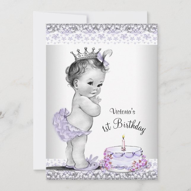 Girls Purple Gray First Birthday Party Invitation (Front)