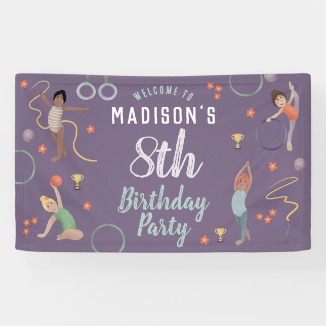 Girls Purple Gymnastics Kids Birthday Welcome Banner (Horizontal)