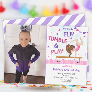 Girls Purple Gymnastics Photo Birthday Party Invitation