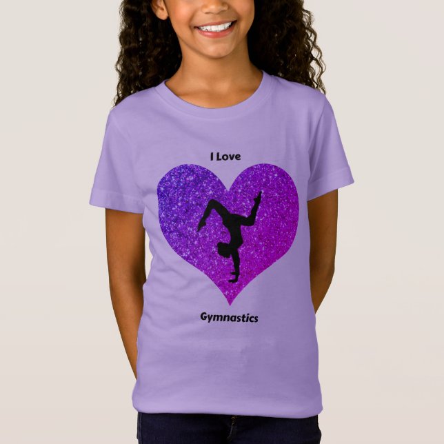 Girls Purple I Love Gymnastics Glitter Heart T-Shirt (Front)