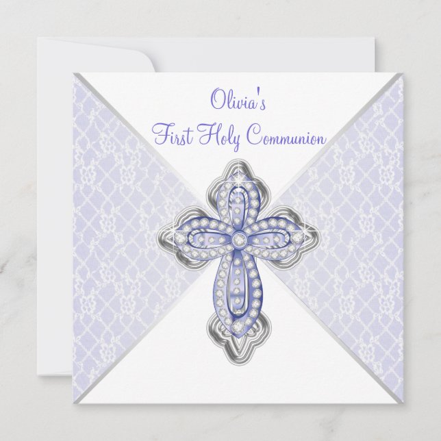 Girls Purple Lace First Communion Invitation (Front)