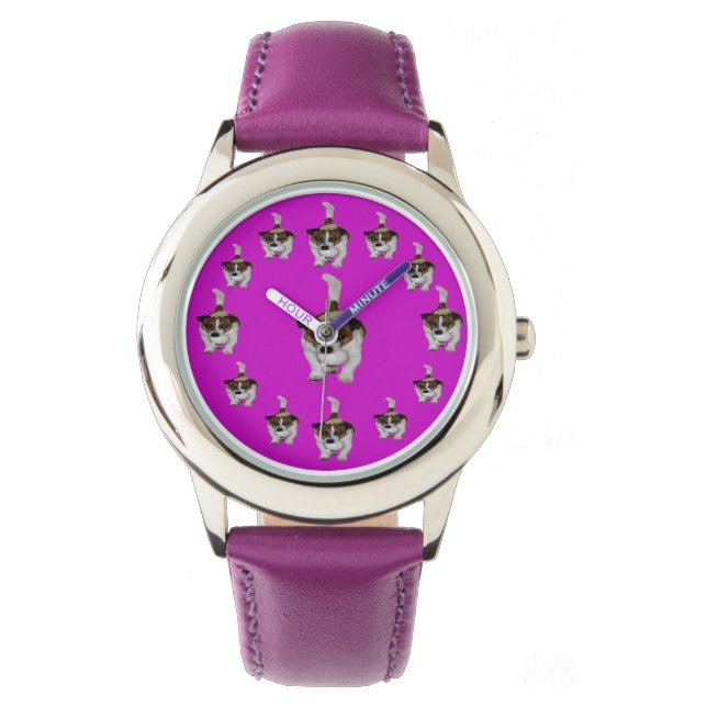 Girls Purple Leather Fox Terrier Pattern, Watch, Watch (Front)