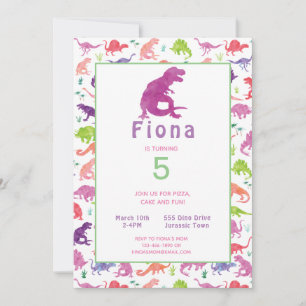 Girls Purple Pink Dinosaur Birthday Invitation