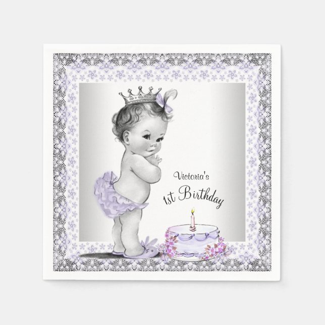 Girls Purple Princess 1st Birthday Paper Napkins (Front)