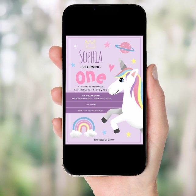 Girls Purple Rainbow Unicorn Kids 1st Birthday Invitation (Front Digital)