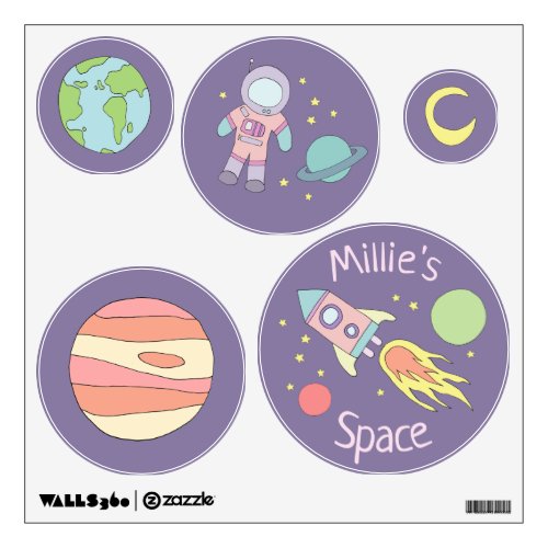 Girls Purple Rocket Ship Space Galaxy and Name Wall Decal