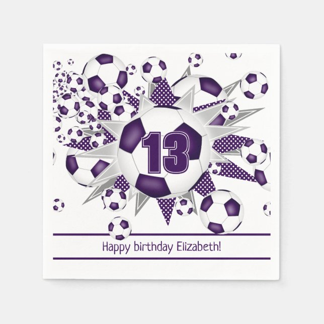 Girls purple soccer birthday or team party napkins (Front)